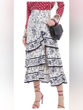 NWT Sandro Paris Lipa Tiered Assymetric Ruffle Skirt Porcelain Butterfly Floral